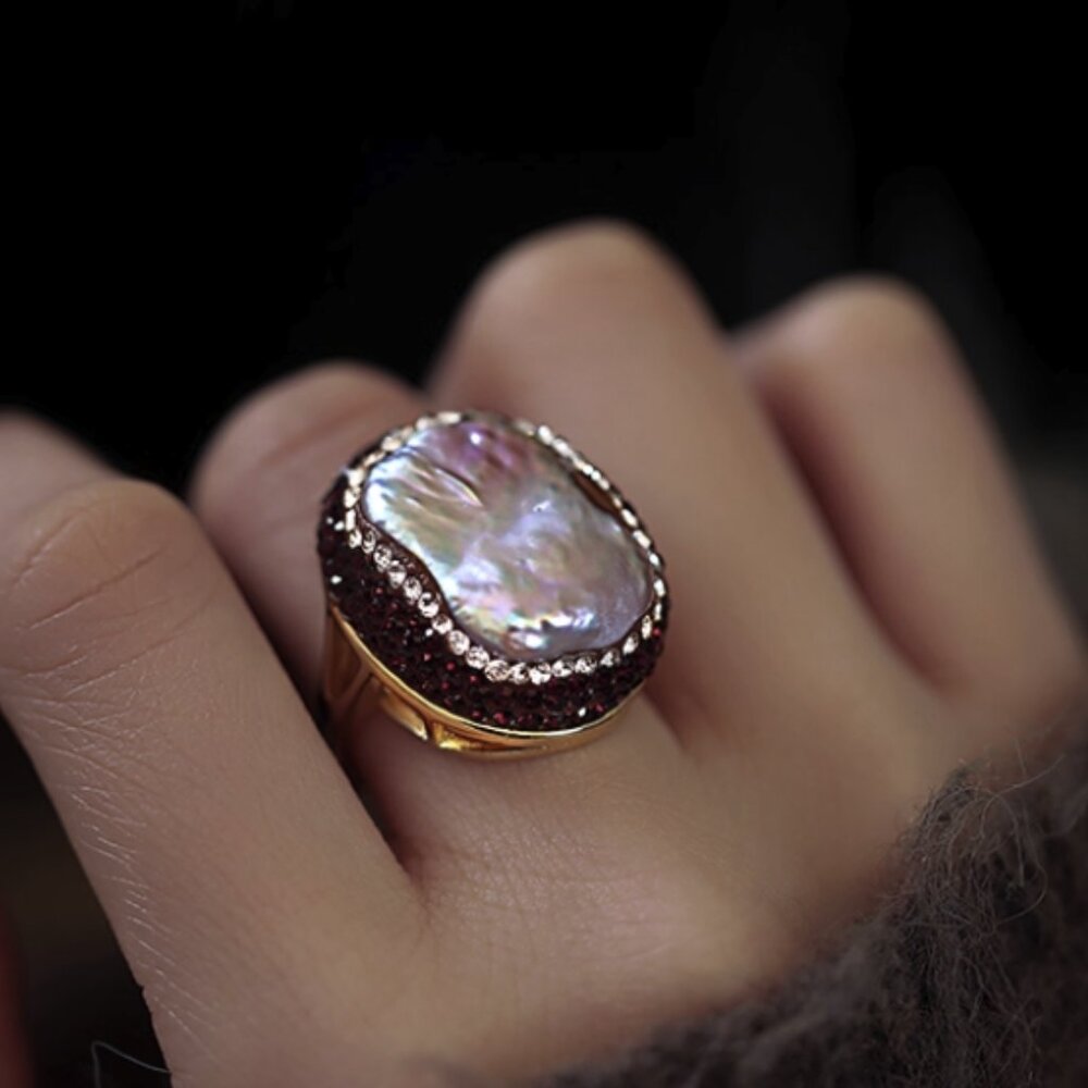 ✨ STUNNING Baroque Pearl Ring - Cubic Zirconia Halo & Gold Tone Adjustable!
